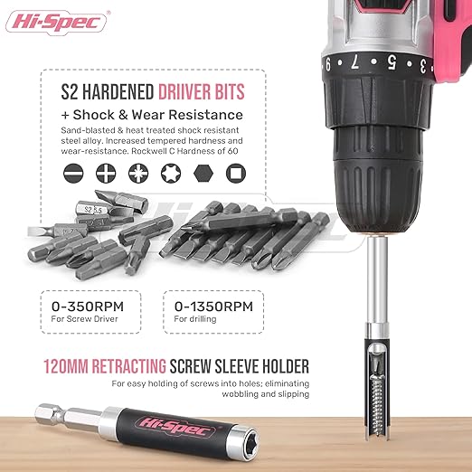 Hi-Spec Pink Cordless Drill Set, 18V Electric Drill with Battery And Charger,Includes Driver/Drill Bit Set for Wood, Steel and Concrete.In a Carrying Case for Home Repair, 58-Piece