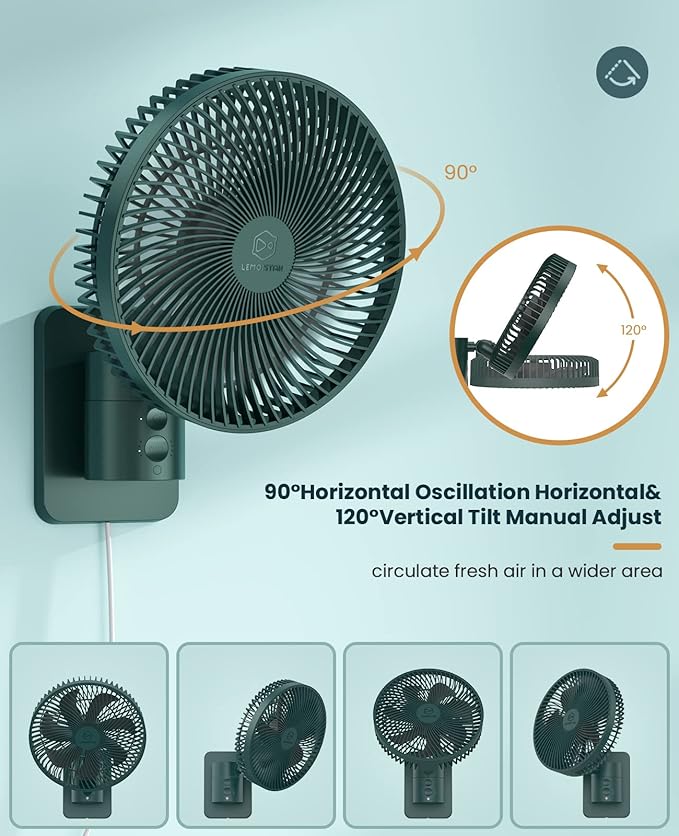 LEMOISTAR 8 Inch Small Wall Mounted Fan with Remote Control, 90° Oscillating, 4 Speeds High Velocity, Timer, Adjustable Tilt, 70 Inch Cord, Quiet, for RV Bedroom Home Office Garage-Green&Black