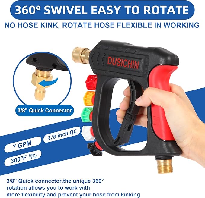 DUSICHIN Foam Cannon Short Pressure Washer Gun 1/4 Inch Quick Connector,Car Wash Foam Gun with 5 Pressure Washer Nozzle Tips 3/8'' Swivel Quick Connector,Additional Orifice Nozzle 1.04mm Car Washing