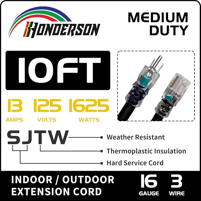 Indoor Outdoor Extension Cord Weatherproof with Lighted End, UL Certified, 16 Gauge 10FT Black 3 Prong Heavy Duty, 16/3 SJTW 13A Power Cord for Outdoor Lights, Lawn