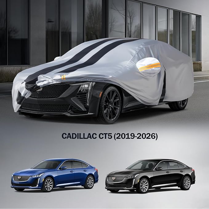 Multi-Layer Car Cover Custom Fit for Cadillac CT5(2019-2026), 100% Waterproof All Weather for Automobiles, Gift with Towel, Heavy Duty Car Covers for Rain Sun UV Protection with Door Zipper