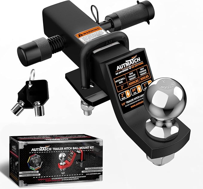 AUTMATCH Trailer Hitch Ball Mount with 2 Inch Hitch Ball - Fits 2" Receiver with Hitch Tightener, 8000Lbs Capacity Ball Hitch, 2-Inch Drop with 5/8" Hitch Lock Pin, Matte Black