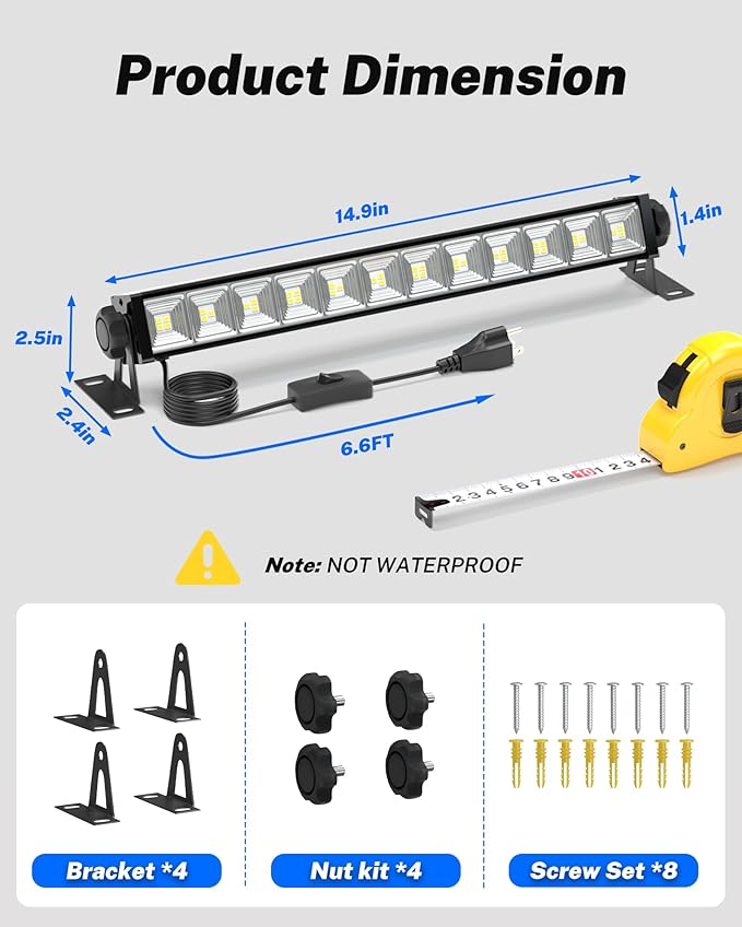 2 Pack LED Shop Lights, 40W 5400LM Plug in Garage Lights with 6.6FT Long Power Cord and On/Off Switch, 6000K Daylight White Work Light for Garage, Workshop, Warehouse