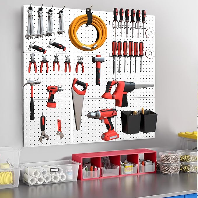 FZK Peg Board, 82PCS Metal Pegboard Wall Organizer Kit. Heavy Duty Pegboard, Peg Boards, Pegboard for Walls, White Pegboard for Garage Craft Room Workbench Office Kitchen Tool Organization, 36 * 24