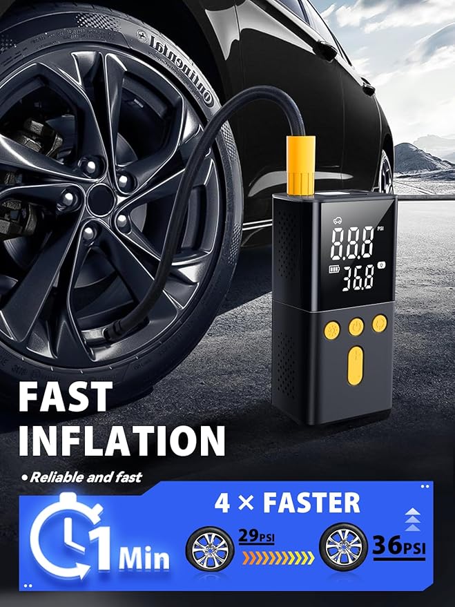 Portable Tire Inflator for Car 150 PSI, 4X Faster Car Tire Pump with Pressure Gauge, Large Dual Digital Screen and Auto Off Function, LED Light