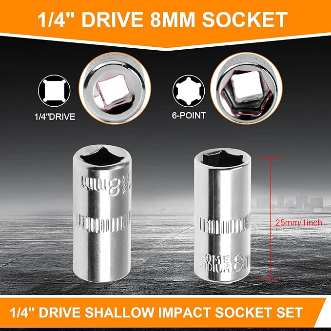 Utoolmart 1/4" Drive 8mm Socket, Shallow Socket Set, for General Repairs, 6-Point, Metric, Cr-V, 10pcs