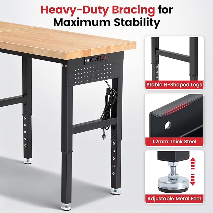 ENJOYWOOD Work Bench 72 Inch Adjustable Height Workbench with Power Outlets & Extended Pegboard 5000 lbs Load Capacity Heavy Duty Work Table for Garage, Workshop, Home, Office