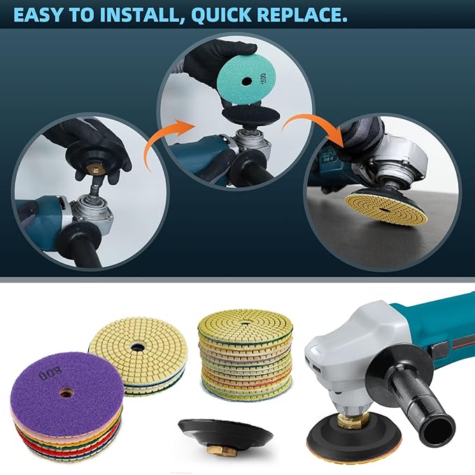14 Pack 4 Inch Diamond Polishing Pads Kit with 2PCS 5/8’’-11 Backer Pad 12PCS Wet/Dry Polish Pad Set for Drill Grinder Polisher 50-8000 Grit Pads for Granite Marble Stone Concrete Countertop Quartz