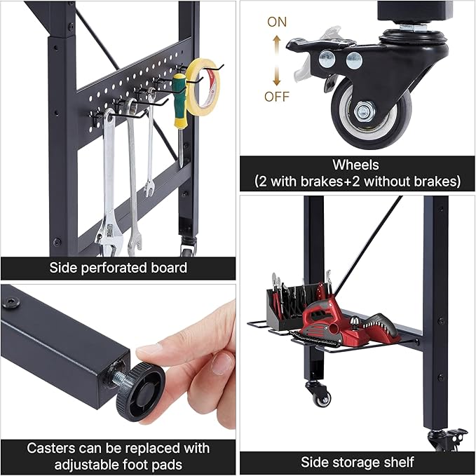 Zevemomo 48" Adjustable Height Workbench with Pegboard, Work Benches for Garage, Heavy Duty Wood Top Work Bench with Wheels, 2000 LBS Load Capacity, Rolling Work Table with Outlet Storage Shelf Hooks