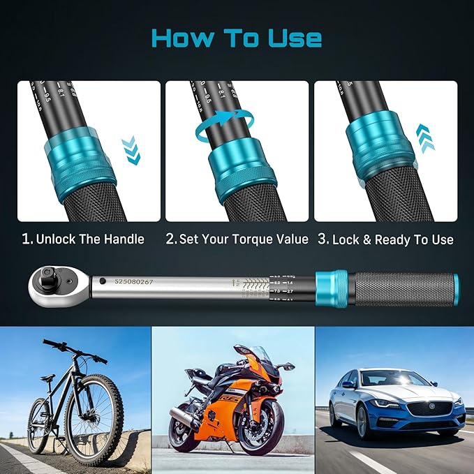 Seesii Torque Wrench Set: 1/4 3/8 1/2-inch Drive Click Torque Wrench, 10-160in.lb, 10-45ft.lb, 10-220ft.lb with Adapters, ±3% Accuracy, 72-Tooth Dual-Scale for Bike, Motor, Car Repair