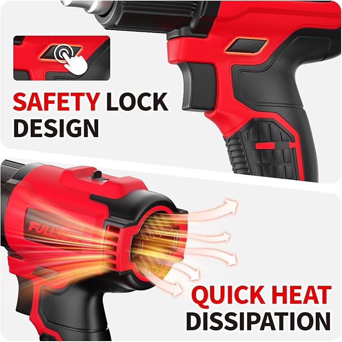 FULLYEA Cordless Heat Gun, Max 1022°F (550°C) Fast Heating, Lightweight Hot Air Gun Kit with 2x4.0Ah Batteries & 5 Nozzles, Portable Heat Gun for Shrink Tubing, PVC Wrap, Crafts (Red)