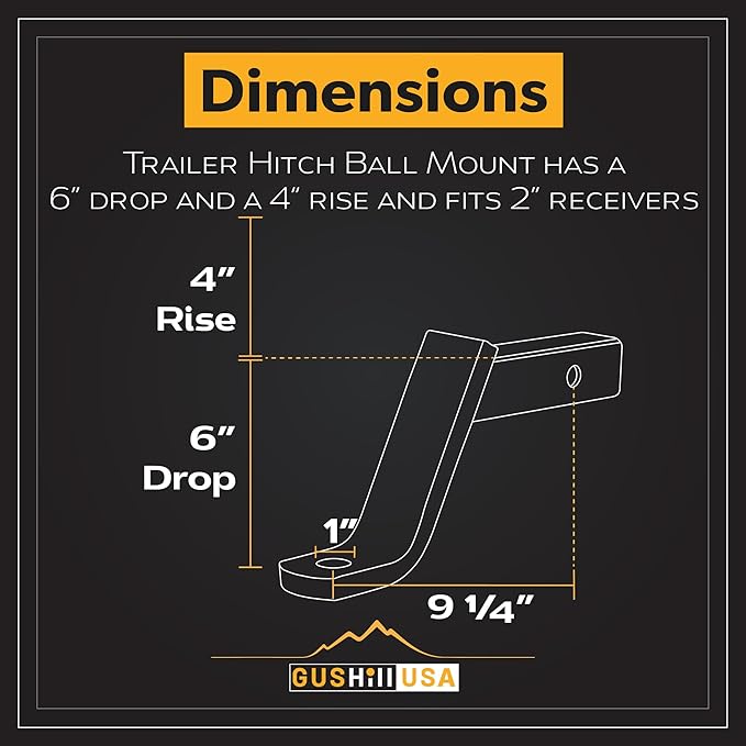 GusHIll USA GH45070 Trailer Hitch Ball Mount, Fits 2-Inch Receiver, 6,500 lbs, 1-Inch Hole, 6-Inch Drop