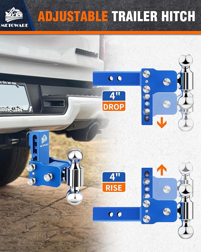 METOWARE Adjustable Trailer Hitches Fits 2 Inch Receiver, Adjustable Ball Mount with 4-Inch Drop/Rise (12,500 LBS GTW), Dual Ball (2" x 2-5/16") and Anti-Theft Stainless Steel Trailer Lock (Blue)