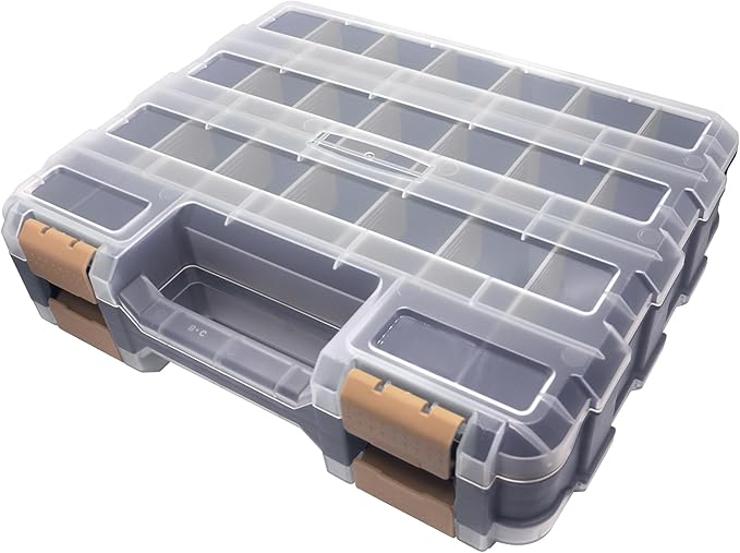 Double Side Tool Box Organizer, Hardware Storage Box, Portable Small Parts Organizer with Removable Plastic Dividers for Screws, Nuts, Nails, Bolts, Grey