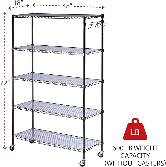 Alera 5-Shelf Wire Shelving Kit with Casters and Shelf Liners, 48w X 18d X 72h, Black Anthracite