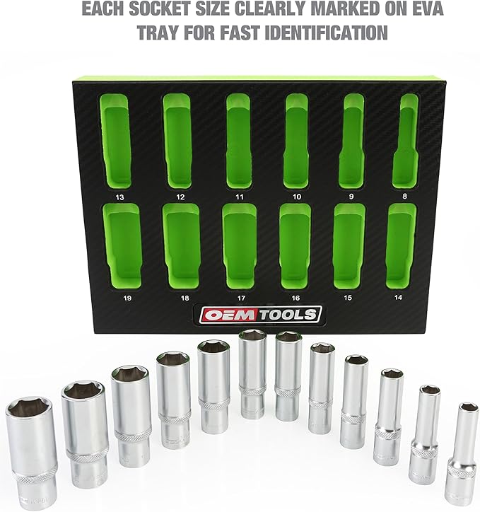 OEMTOOLS 23981 12 Piece Deep Socket Set 3/8, Deep Well Socket Set Metric 8mm-19mm, Heat-Treated Alloy Steel Sockets, Hard Chrome Finish, EVA Foam Tray