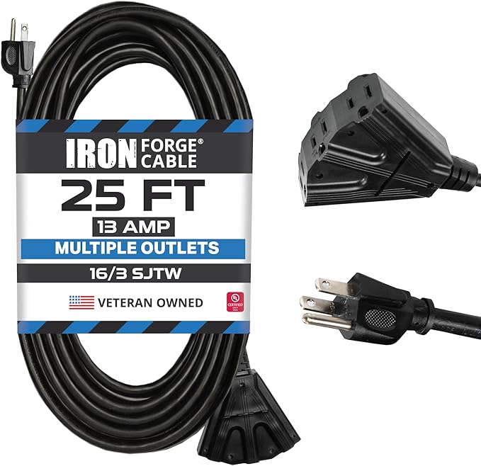 Iron Forge Cable 25 Ft Black Extension Cord with 3 Outlets - 16/3 SJTW 25 Foot Extension Cord 3 Prong, Weatherproof Exterior Power Cable for Outdoor