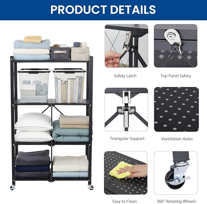 4 Tier Foldable Storage Shelf with Wheels, Collapsible Metal Rack Shelving Unit, No Assembly Required, Rolling Cart Shelf Rack Organizer for Books, Garage, Kitchen, Closet, Pantry, Exhibition, Black