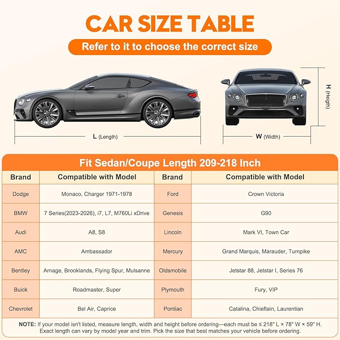 INTISAM Car Cover Waterproof All Weather 5 S Quick Install for Audi A8/S8,BMW 7 Series,Dodge Charger 1971-1978 Automobiles Universal Fit Sedan/Coupe Length 209-218 Inch 6-Layer 500D Full Cover