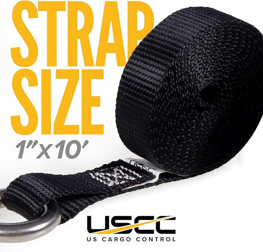 US Cargo Control Stainless Steel Ratchet Strap with Carabiner Hooks, 1" X 10', 500 LBS Break Strength, Marine Tie Down Straps for Boats, ATVs, Trees, Camping, Snow & Saltwater Applications