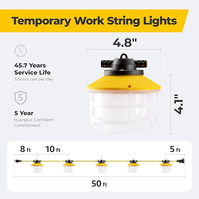 50FT Construction String Lights: 75W Ultra-bright 10500 lumens Linkable ETL Listed 18AWG Wire Industrial Outdoor Temporary Lighting IP65 Waterproof Hanging Led Work Light for Attic Jobsite Garage