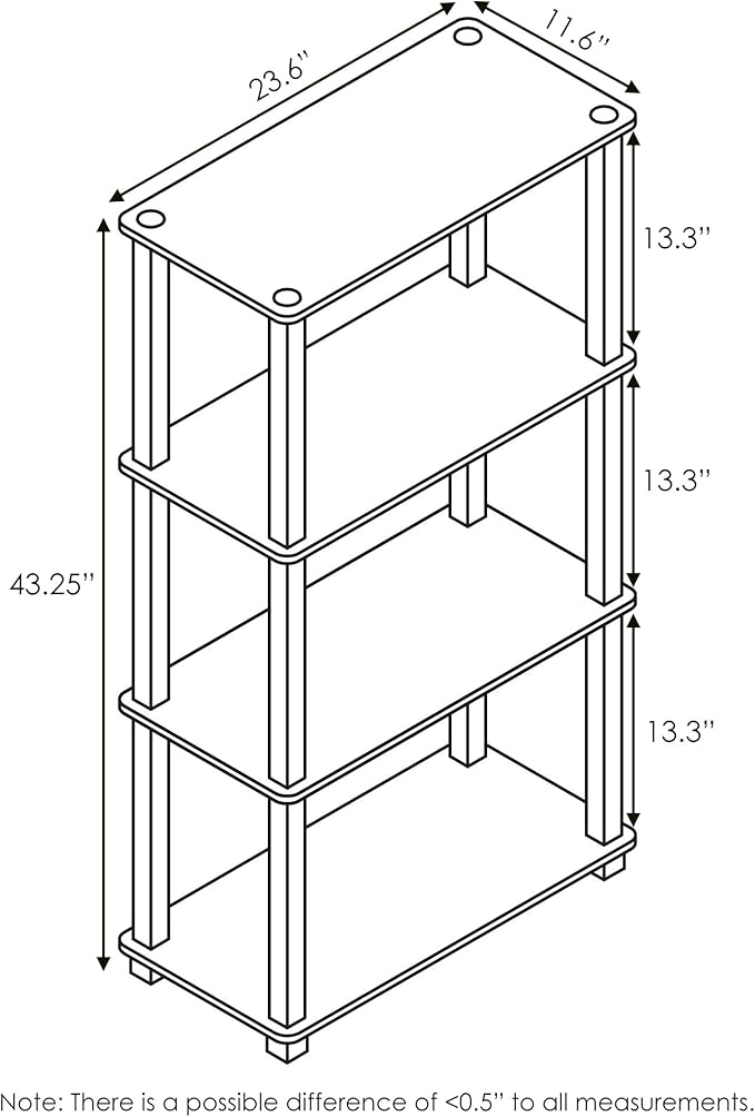 Furinno TURN-S-TUBE Storage Shelves, 4-Tier Book Shelf, Corner Shelf, Toolless Open Shelves, for Organization and Storage, Living Room, Garage, Home Office, Columbia Walnut