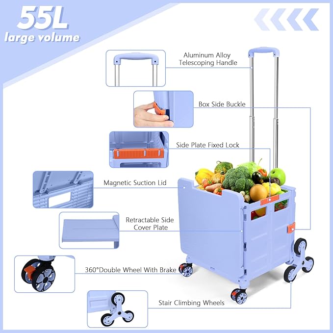 Foldable Utility Cart Folding Portable Rolling Crate with Magnetic Extended Lid,360°Rotate Wheels,176LBS Load Capacity,Heavy Duty Durable Dolly Cart(Blue)