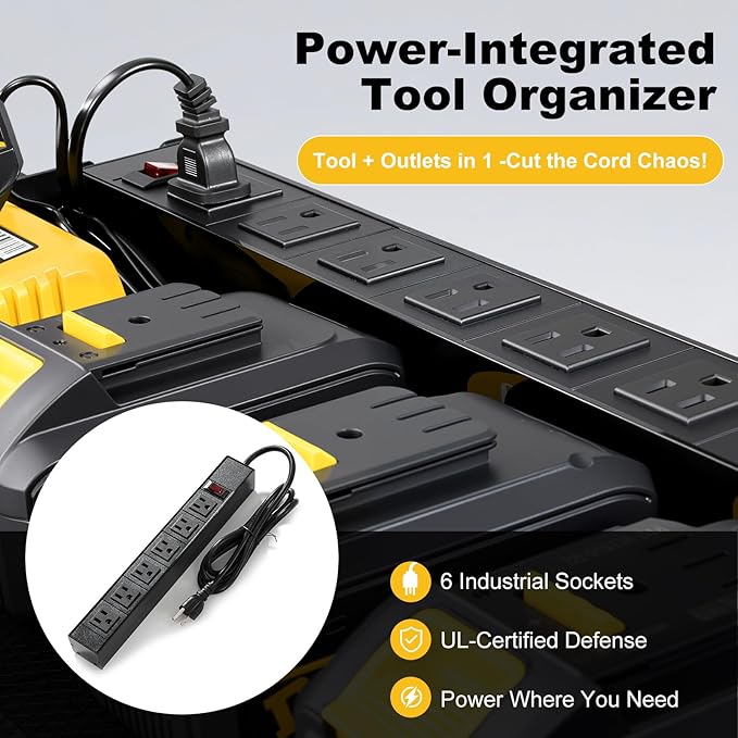 3 layers power tool organizer Loads 150lbs with 6 Cordless Drill Holder and 6 Outlet Power Strip,it’s good choice for husband birthday gift,yellow
