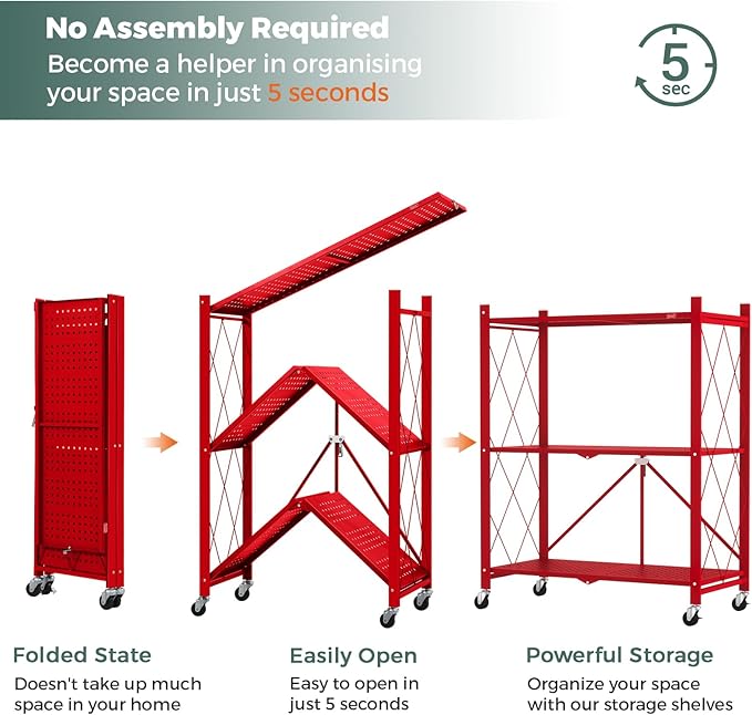 DEANIC 3 Tier Foldable Storage Shelves with Wheels, Kitchen Appliance Stand, Freestanding Metal Wire Shelf Rack, No Assembly Organizer Rolling Cart for Garage, Basement, Pantry(Red)