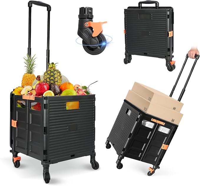 Foldable Utility Cart Folding Portable Rolling Crate Handcart Handcart Shopping Trolley Wheel Box with Lid,360°Rotate Wheels,Heavy Duty Durable Dolly Cart for Teacher Tourist Shopping Office Outdoor