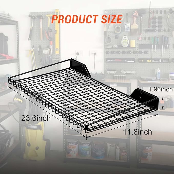 Wallmaster Heavy Duty Garage Wall Shelving 4 Pack 23.6"x11.8" Metal Wire Shelves Wall Mount Mesh Storage Rack for Garage, Office, Basement and Kithcen, max Load 65 lbs (Black)
