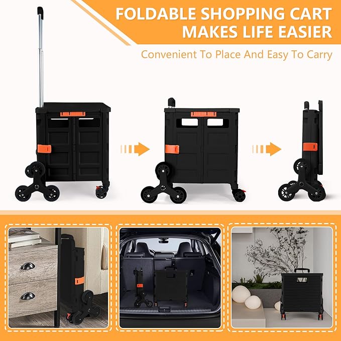 Foldable Utility Cart with Stair Climbing Wheels,Collapsible Rolling Crate with Magnetic Lid Telescopic Cover,Telescoping Handle,360° Rotate Wheel Hand Cart for Teacher Shopping Moving Grocery(Black)