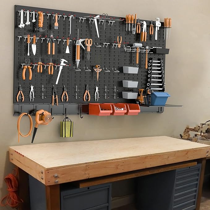 TORACK Metal Pegboard Wall Organizer for Garage, 109PCS Pegboard Accessories Organizer Kit with Pegboard Bins, Hooks, Peg Locks, Pegboard Storage System for Workbench, Garage, Shop, Shed(Black)