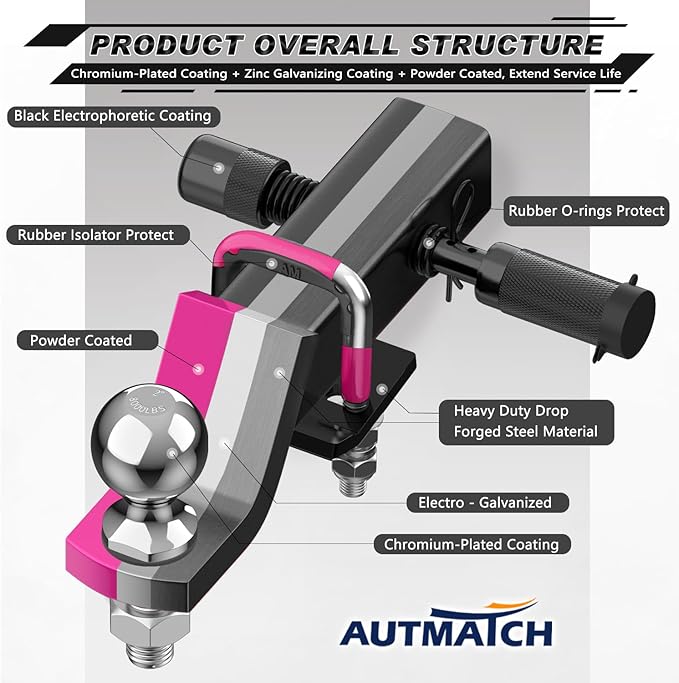 AUTMATCH Trailer Hitch Ball Mount with 2 Inch Hitch Ball - Fits 2" Receiver with Hitch Tightener, 8000Lbs Capacity Ball Hitch, 2-Inch Drop with 5/8" Hitch Lock Pin, Pink & Black