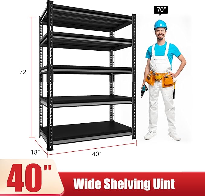 Garage Shelving Heavy Duty, 2200 Lbs Loads Garage Storage Shelves Heavy Duty, 5-Tier Metal Shelving Units and Storage for Basement, Retiple Tanks,40''Wx18 Dx72 H,Black