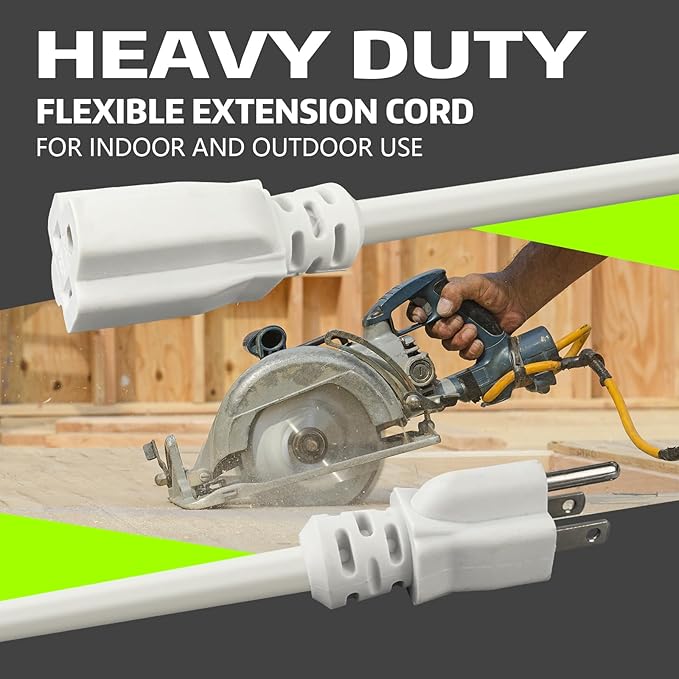 Indoor Extension Cord, 12 Gauge 3 Prong Weatherproof Heavy Duty White Extension Cords, 12/3 SJTW 15A 3 FT Extension Cable for Garage, Garden and Home