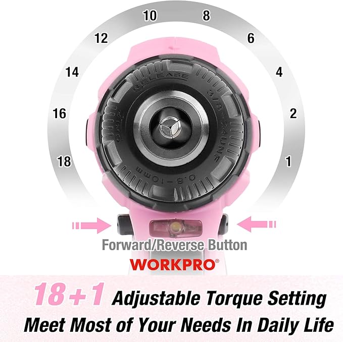 WORKPRO 12V Pink Cordless Drill Driver and Home Tool Kit, Hand Tool Set for DIY, Home Maintenance, 14-inch Storage Bag Included - Pink Ribbon