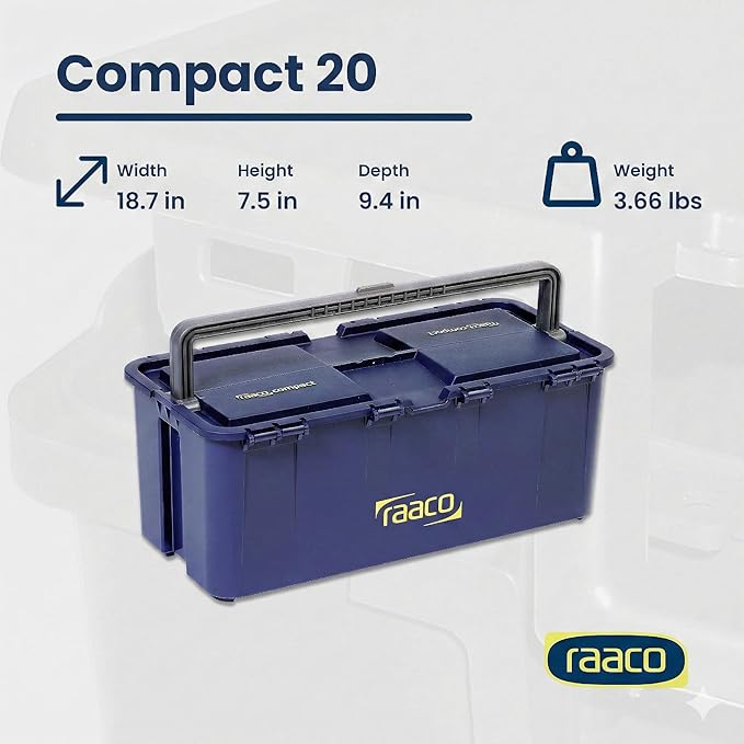 Raaco Tool Box with Drawers & Removable Trays – Durable Plastic Polypropylene (PP) Organizer with Handle, Stackable & Lockable, 66 lb Load Capacity (Compact 20)