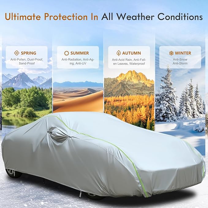 Tecoom Car Cover Waterproof All Weather, Windproof UV Sun Rain Snow Protection Outdoor Full Cover with Top Reflective Strip, Door Zipper, Fit for Coupe/Convertible/Sport Cars (167-172 Inches)