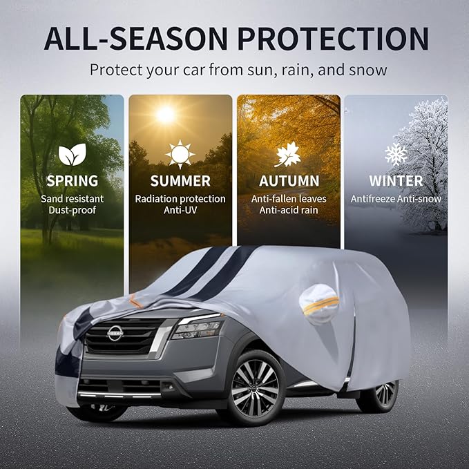 Multi-Layer Car Cover Custom Fit for Nissan Pathfinder(2004-2026), 100% Waterproof All Weather for Automobiles, Gift with Towel, Heavy Duty Car Covers for Rain Sun UV Protection with Door Zipper