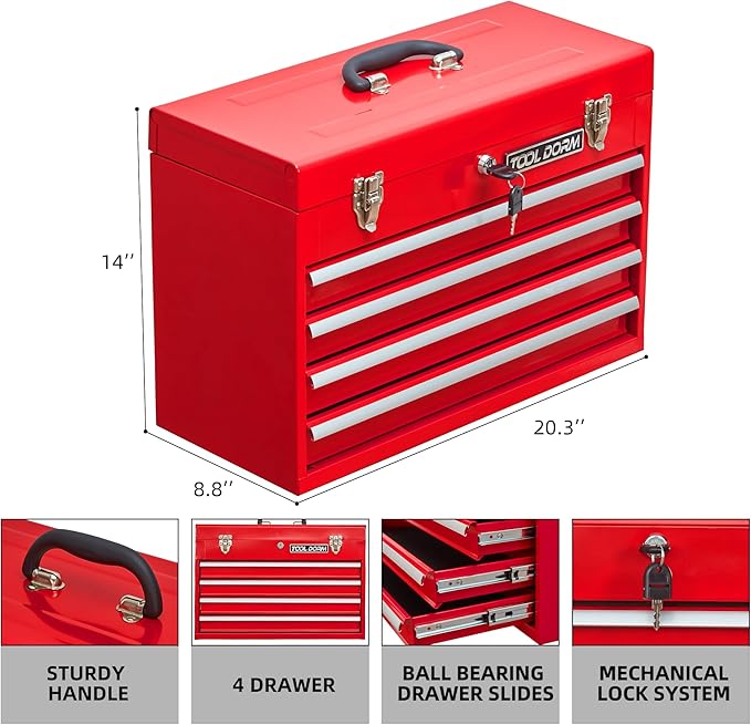 Metal Tool Box with 4 Drawers Portable Steel Tool Chest with Metal Cylinder Lock and Latch Closure, Liner, Red Powder coating, suitable for Garage, Warehouse and Outdoor Repair job