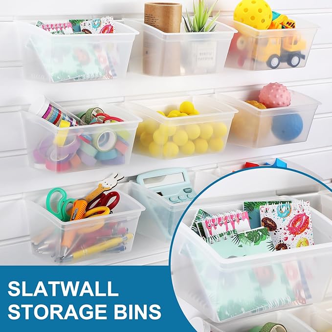 Mifoci 12 Pcs Storage Bins for PVC Slatwall Plastic Bin with Stickers Pens Slatwall Accessories for Organizing Hardware Craft Storage Tool Organizer Garage Craft Room Tool Shed(Clear)
