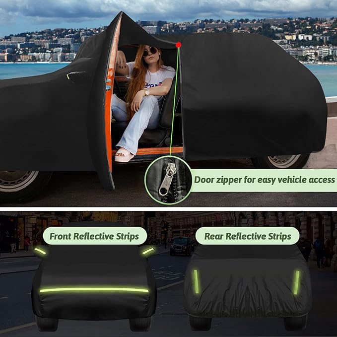 Car Cover for 2007-2025 Fiat 500/500C/500E Abarth/New Fiat 500 (Hatchback/Cabrio/3+1), 210T Waterproof Sun Rain Dust Snow Protection Outdoor Fiat Car Cover with Cotton Lining and Zipper Door-Black