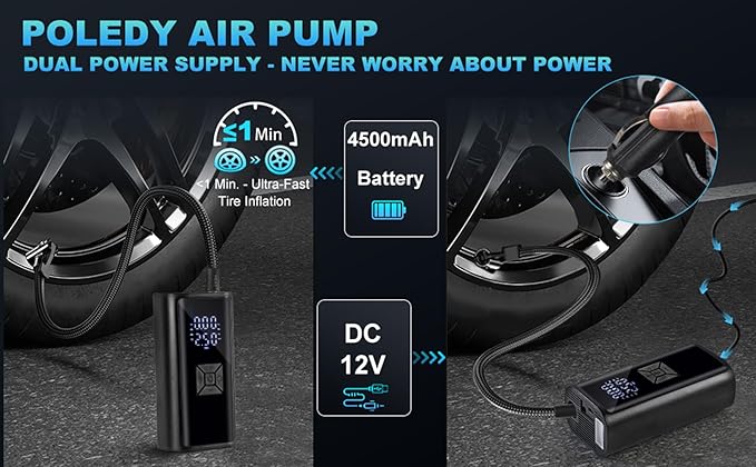 Tire Inflator Portable Air Compressor with LED Light, POLEDY Electric Bicycle Pump, Cordless Inflator Portable with Digital Gauge, Auto Shut Off, Battery Air Compressor for Car Bike Motorcycle Ball