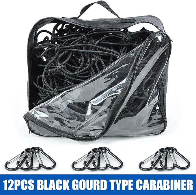 Osilly Cargo Net for Pickup Truck Bed, 4'x6' Stretches to 8'x12', Roof Rack Cargo Net with 12 Metal Carabiners & 1 Storage Bag, Small 4"x4" Latex Bungee Mesh, Car Exterior Accessories