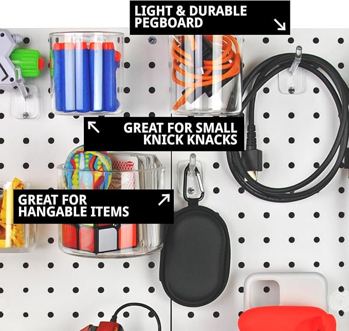 Azar Displays, 900945-WHT, 70 Piece Pegboard Organizer, Wall Mount Peg Board Combination Panel Kit for Bedroom, Craft Room, Study, Office or Garage, Assorted Accessories Hooks and Bins, 27"x22", White