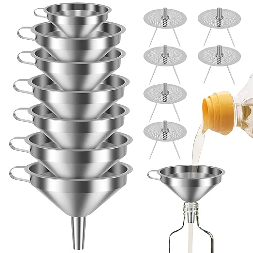 14 Pack Stainless Steel Funnel Set, Filter Kitchen Funnel with 6 Fine Mesh Strainers, 4 Sizes Funnels for Kitchen Use Filling Bottles, Filling Bottles, Oil, Jam, Liquid & Powder