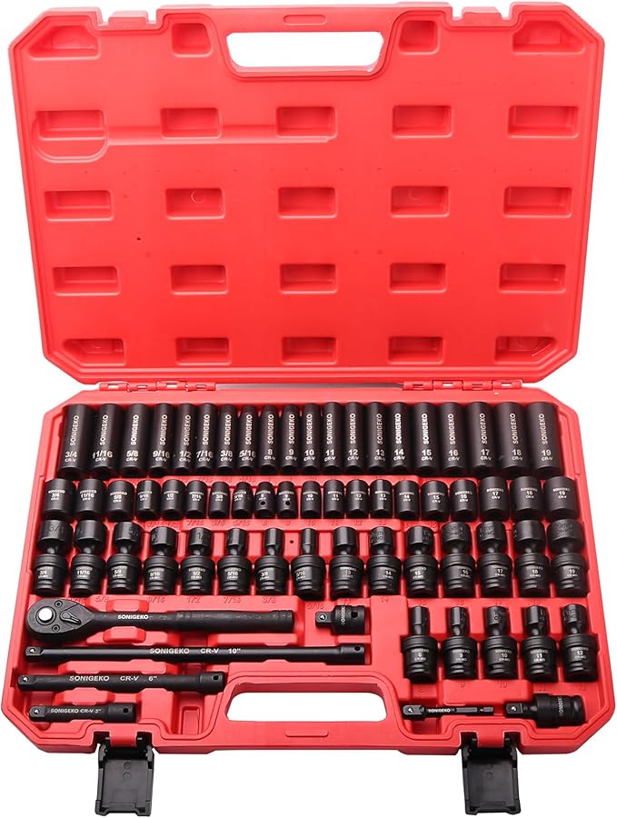 Socket Set 3/8" Impact 67-Piece Metric and Sae 6 Point CR-V Steel Sockets with extension bars, 20-piece Swivel Sockets (Metric and SAE and Swivel, 3/8" Socket set,67pcs)