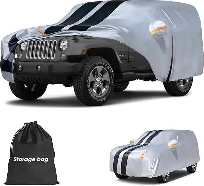 Multi-Layer Car Cover Custom Fit for Jeep Wrangler 2 Door CJ YJ JK JL(1987-2026), 100% Waterproof All Weather for Automobiles, Gift with Towel, Heavy Duty Car Covers for Rain Sun UV Protection.