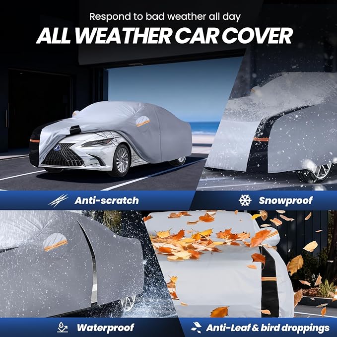 Sedan Car Cover 100% Waterproof All Weather, 10 Layers Outdoor Car Covers for Automobiles - Sun & Rain Protector Full Exterior Covers. Custom Fit Lexus ES, Ford Taurus, Audi A6, Cadillac XTS, etc. A3